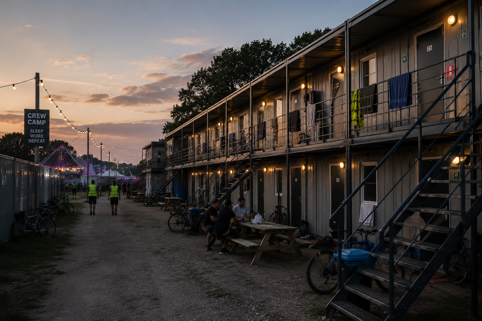 Tijdelijke slaapaccommodatie voor seizoenswerkers en festivalmedewerkers met modulaire verblijfsunits op een festivalterrein.